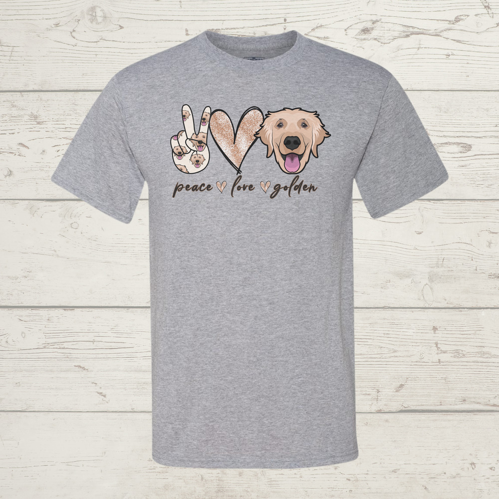 Peace Love Golden Retriever Gray Sublimated Tee XLarge